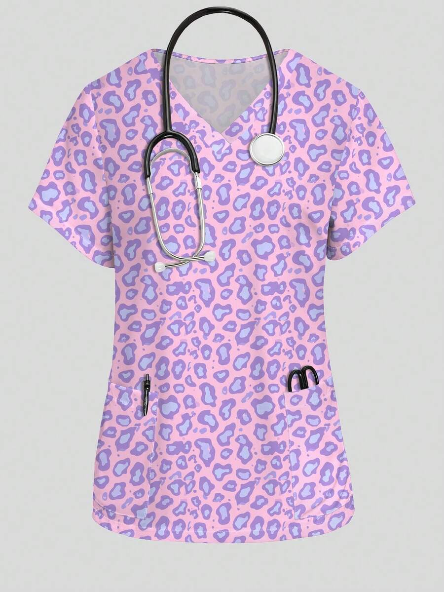 PopScrub Purple Leopard Print Nurse Scrub Uniform Top, V-Neck Short Sleeve Design With Pockets And Side Slits, Fashionable Spring/Summer Work Wear, Cute Scrub Top, Nursing Scrub Uniform - White - View 1