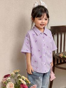 Young Girl Casual Comfortable Striped Collar Open Front Loose Short Sleeve Hollow Back Woven Shirt - Purple - View 6