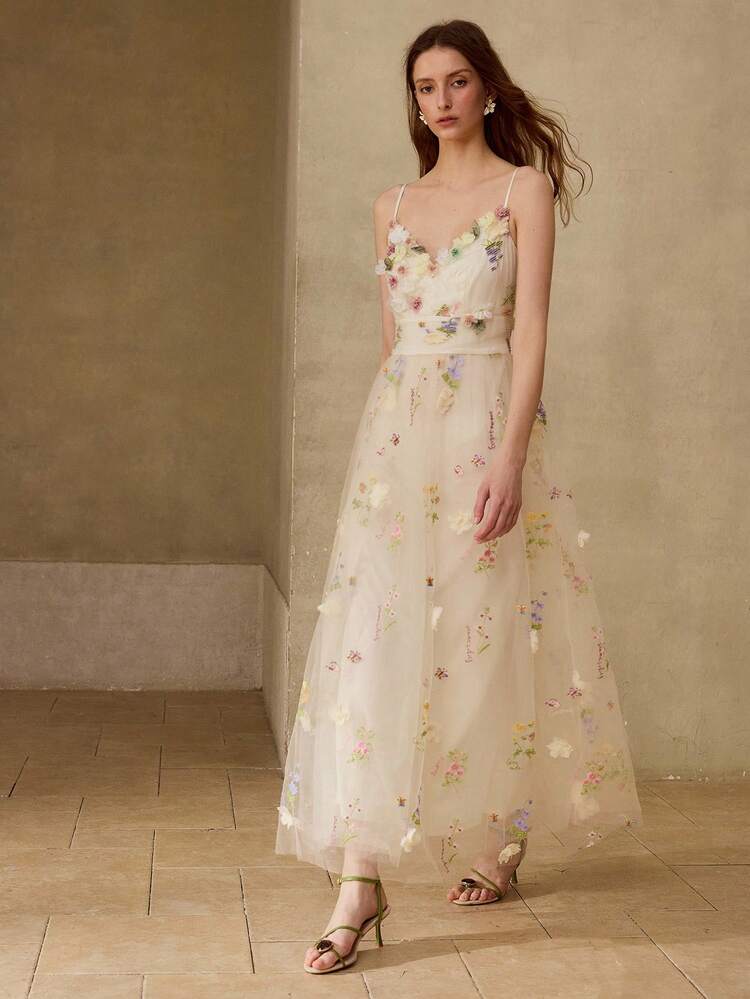 ELEGANT 3D FLORAL MESH LONG DRESS FOR WOMEN
