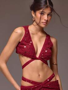 MUSERA Áo ren móc xoắn phía trước đính sequin, phong cách mùa xuân hè, kỳ nghỉ, Ibiza Roja De Sol - Màu Đỏ Sâu - Xem 2