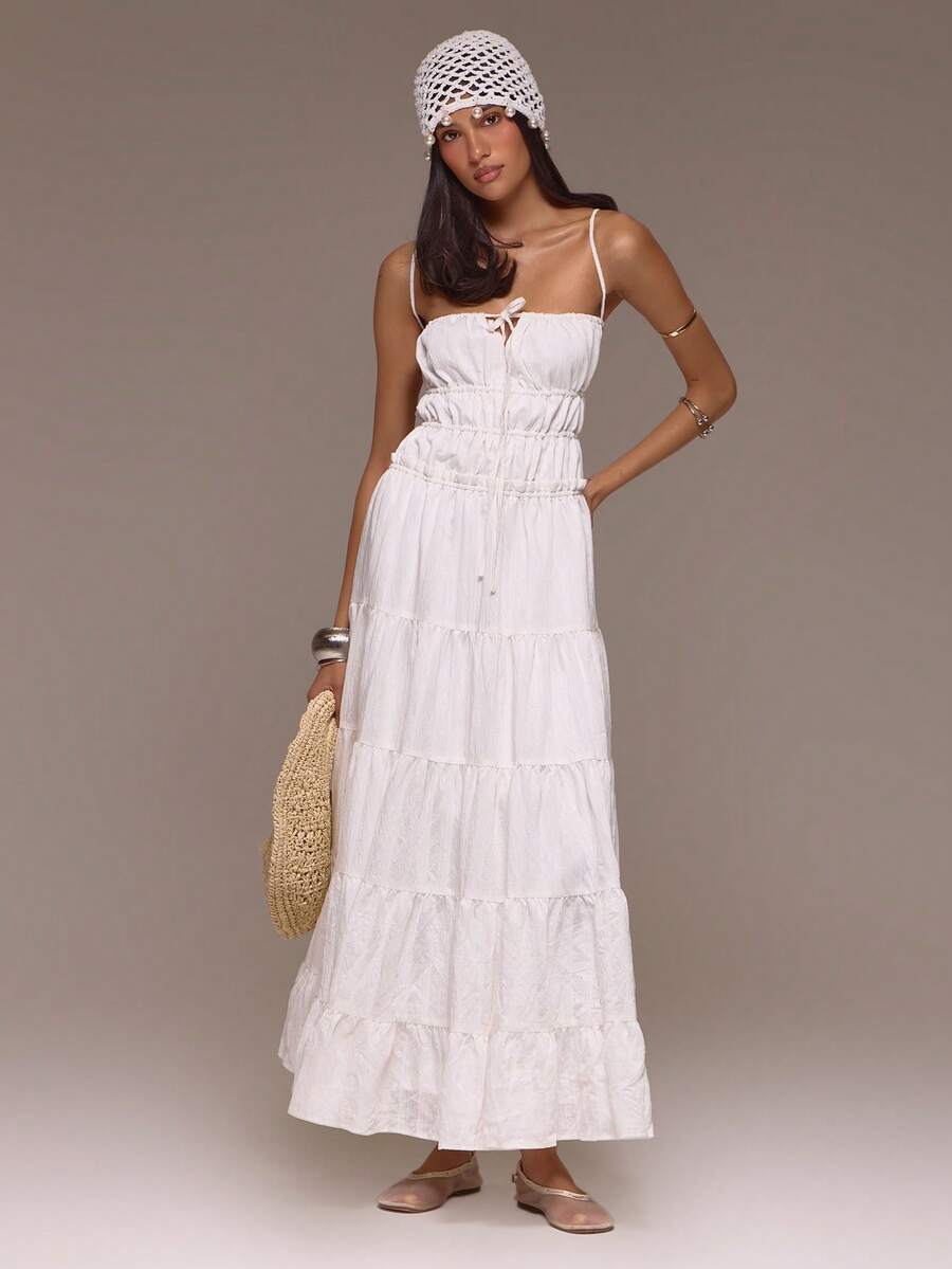 MUSERA Đầm maxi xếp tầng kiểu cô gái vắt sữa, mùa xuân hè, kỳ nghỉ, Ibiza Roja De Sol - trắng - Xem 1