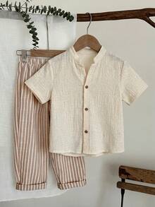 LMoss Kids 2pcs Young Boy Woven Solid Color Casual Shirt And Striped Pants Set - Multicolor - View 3