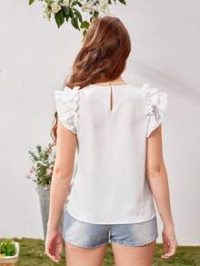 SHEIN Teen Girls Ruffle Sleeve Keyhole Back Blouse - White - View 2