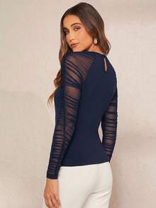 Amorya Blusa elegante de malla y parches para mujer - Azul Marino - Ver 2