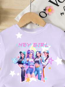 一套少女休闲时尚甜美图案五角星印花短袖圆领T恤和短裤套装，适合夏季外出、节日、上学、音乐节等场合。 - 彩色 - 查看 4