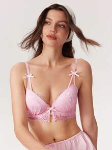 Elorette Pink Lace Patchwork Underwire Bra With High Support, Lift And Gather, Floral Decor, Romantic Cute Style Women's Lingerie Summer - Pink - View 7