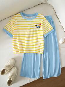 SHEIN 2 chiếc/Bộ Áo thun sọc thường ngày cho bé gái với họa tiết chó con dễ thương và quần legging - Nhiều màu - Xem 4
