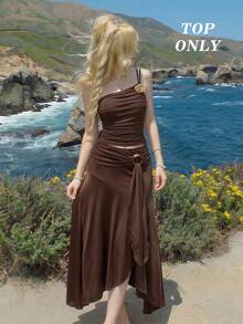Skyraze Vintage Sexy Coffee Brown Asymmetric Shoulder Top, Summer, Casual, Holiday, Vacation, Boho, Y2K, Retro, Country, Picnic, Spring Break, Garden Party - Brown - View 2