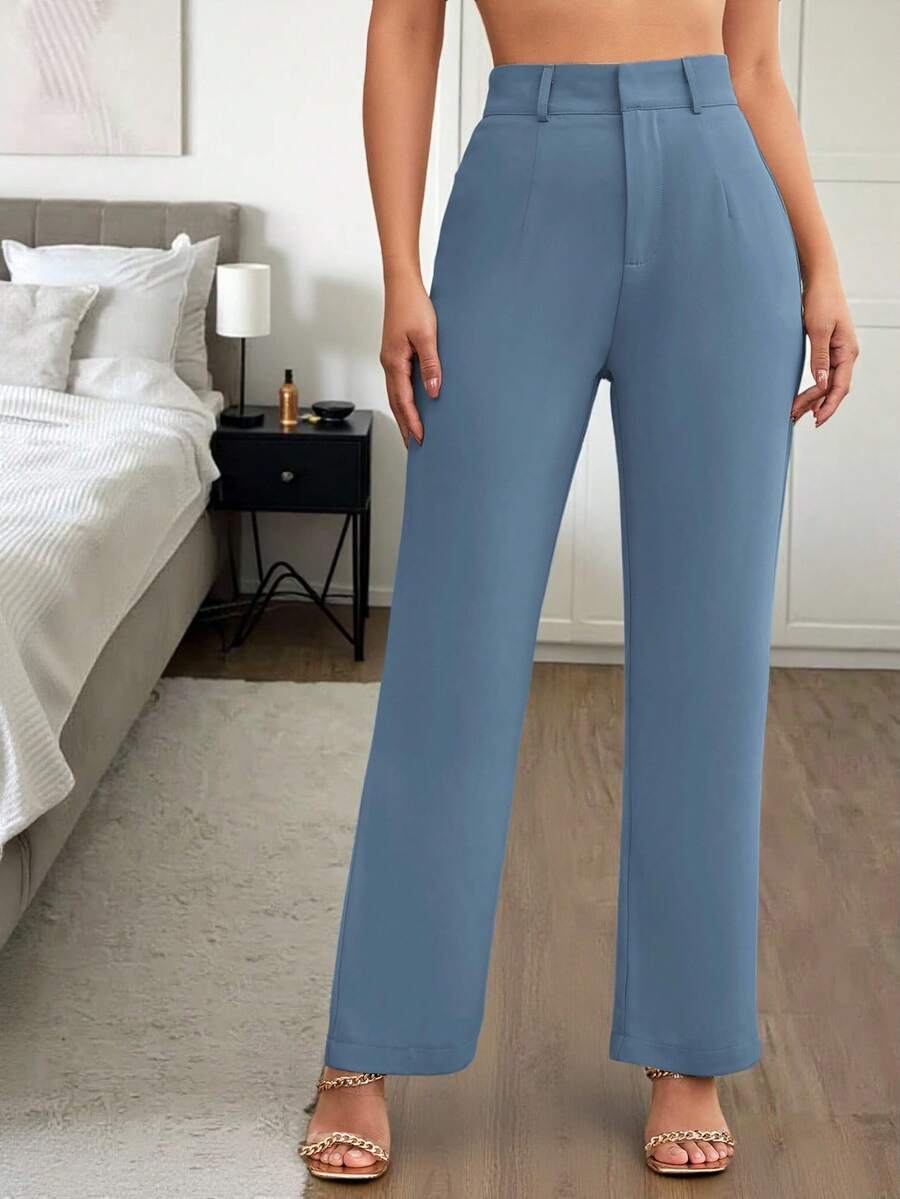 Easowa Women's Solid Color Pleated Straight Leg Simple & Regular Pants In Fall/Winter - Baby Blue - View 1