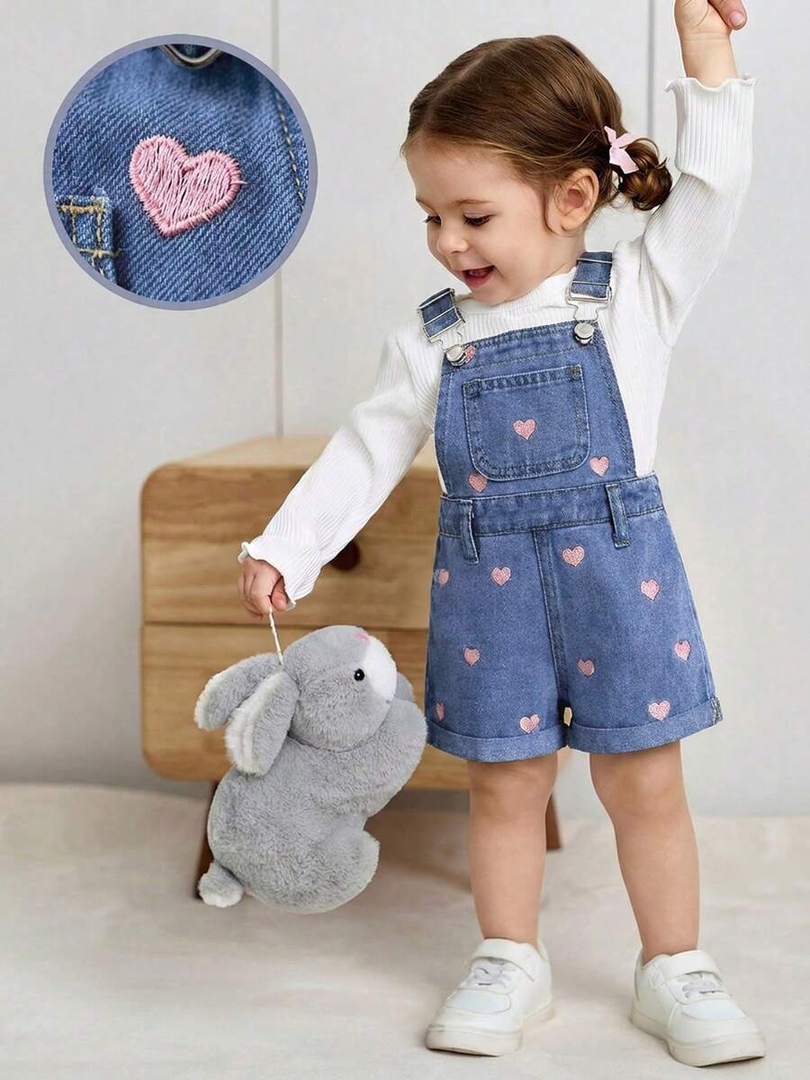 Baby Girl Pink Heart Embroidered Blue Denim Suspender Shorts - Medium Wash - View 1