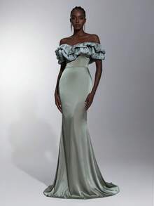 Elitara Elegant Minimalist Classical Design Woven Off-Shoulder Romantic Pleated Double-Layer Mermaid Hem Formal Evening Gown - Green - View 4