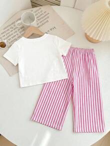 SHEIN Bộ áo thun và quần kẻ sọc in hình vỏ sò và nơ cho bé gái. - Nhiều màu - Xem 2