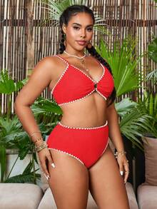 Swim Chiccia 大尺碼女款 2 件組素色紋理面料細肩帶開衩泳衣套裝，休閒風 - 紅色 - 查看 5