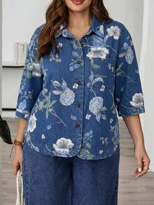 EMERY ROSE Mature Denim 大尺碼休閒花卉印花牛仔襯衫 夏季嘉年華服裝 通勤 度假 畢業 時尚 Y2k 可愛街頭風 Coquette 派對 婚禮 優雅商務休閒 女士商務 海灘 畢業 時尚大尺碼女款牛仔外套 附優雅花卉設計 長袖 鈕扣開合 花朵藍 - 藍色 - 查看 4