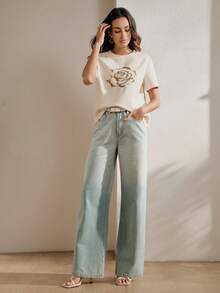 Áo thun nữ Anewsta mùa hè mới, cổ tròn, dáng regular fit, tay ngắn, thêu hoa hồng, kiểu dáng thường ngày. - Màu be - Xem 5