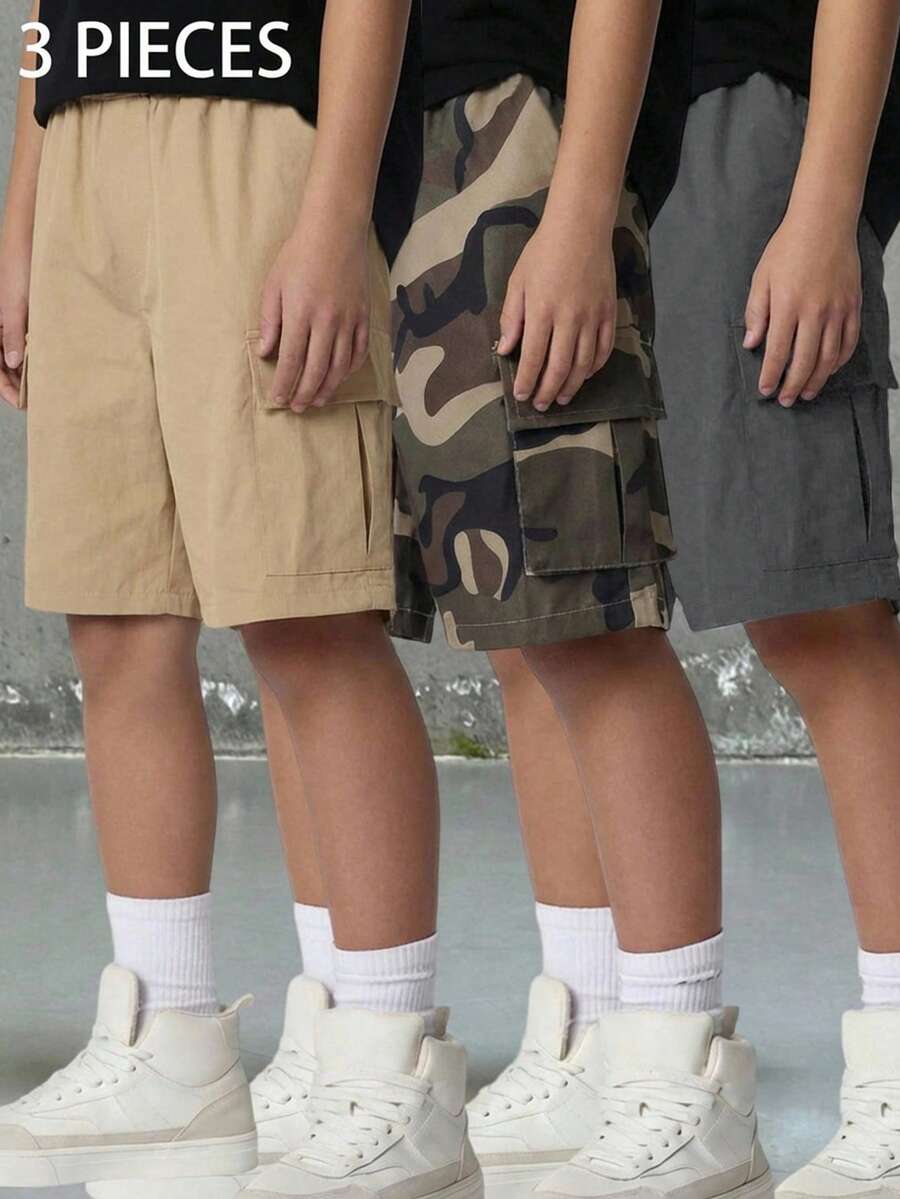 SHEIN 3件組兒童青少年男孩休閒舒適迷彩印花寬鬆梭織短褲，海軍藍，夏季，休閒，登山工裝褲，Y2K風格穿搭，返校季