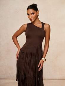 Lumalex Vestido con cuello asimétrico, cintura ceñida y volantes exagerados en capas para mujeres - Marrón - Ver 6