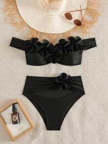 Bonvoyette Bộ bikini 2 mảnh nữ dệt kim họa tiết hoa 3D gợi cảm, phong cách thanh lịch, không gọng, cho tiệc bãi biển ngoài trời, tiệc hồ bơi, lễ Giáng sinh, mùa đông, năm mới và mùa hè, mẫu hot trend - màu đen - Xem 7