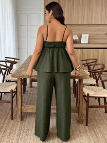 Weeklong Plus Size Women's Casual Camisole & Cinched Waist Floral Decor Two-Piece Outfit, Spring/Summer - Army Green - View 2