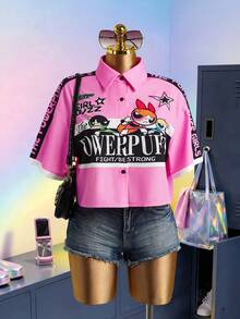 THE POWERPUFF GIRLS X SHEIN Áo sơ mi ngắn tay in chữ dành cho nữ - - Hồng - Xem 1