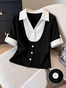 SHEIN Franclia 女士纯色拼接 Polo 领短袖 T 恤，通勤休闲短袖衬衫领纽扣上衣，2026 春夏新款上衣 - 彩色 - 查看 4