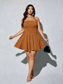 Viva Relle Plus Size Women's Fashionable Halter Neck Ruffle Hem Dress - Khaki - View 5