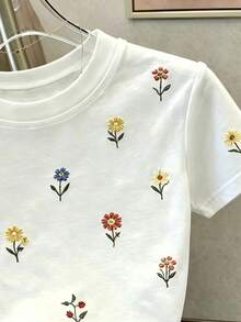 Franclia Camiseta de mujer de manga corta con cuello redondo y estampado floral, para verano - Blanco - Ver 3