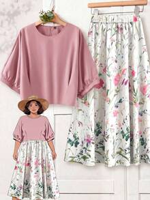 EMERY ROSE Plus Size Women's Elegant 2-Piece Set,White Floral Print Maxi Skirt And Solid Pleated Round Neck Blouse,Summer Vacation,Bachelorette Party,Tea Party - Pink - View 8