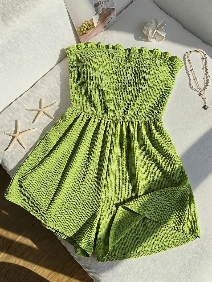 Comfortcana Baju Renang Wanita Ukuran Besar Warna Hijau Alpukat Model Bandeau dengan Hiasan Ruffle, Gaya Boho Musim Panas untuk Liburan Pantai Kasual, Baju Renang Pengontrol Perut Model Dua Potong - Hijau - View 1