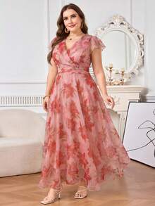 Reflora Plus Size Women's Elegant Floral Print Dress, Summer Wedding Guest Dress - Red - View 4