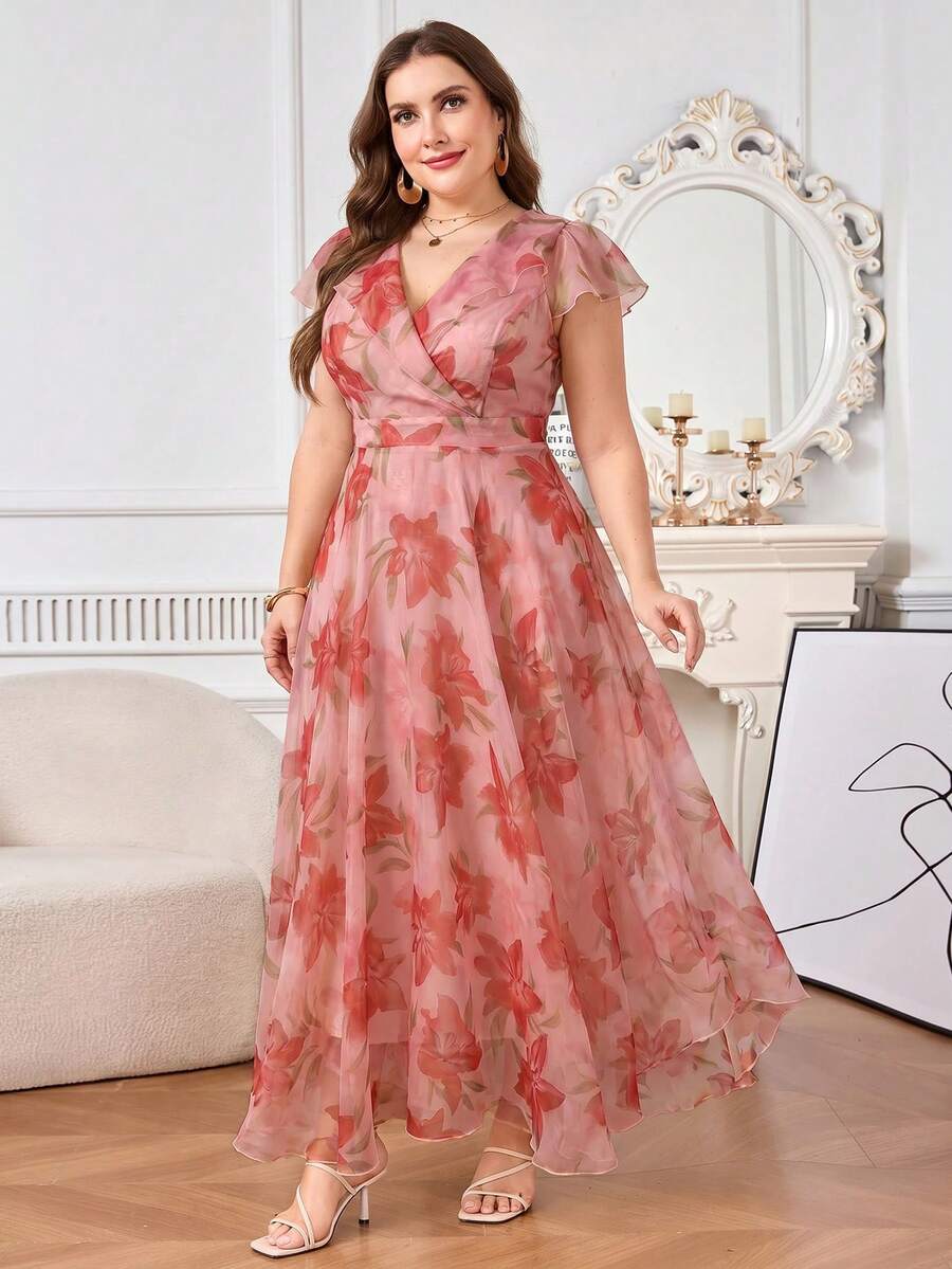 Reflora 大码女士优雅印花连衣裙,夏季婚礼宾客礼服 - 紅色 - 查看 1