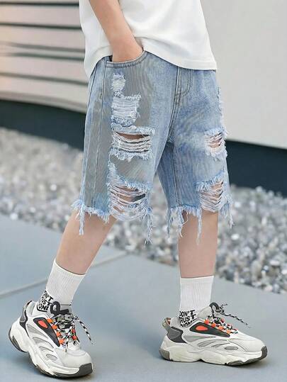 Bubblio Young Boy New Fashion Distressed Ripped Frayed Casual Soft Basic Simple Blue Denim Ripped Loose Shorts Spring Summer,For Kids Boys Spring/Summer Dailywear Outfits,Boys Streetwear Outfits,Boys Beach Outfit,Vacation Outfits For Boys,Casual Clothes For Boys,Graphic Jeans,Toddler Shorts ,4-Year-Old Boys Shorts ,Summer Shorts ,Casual Shorts Ripped Jean Shorts Boys Ripped Shorts Summer Shorts Jean Baggy Jean Shorts