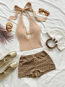 Soleia Women's Vacation Casual Solid Color Backless Halter Top And Shorts 2-Piece Set - Khaki - View 7