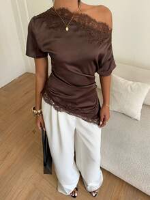 Aloruh Women's Commuter Shoulder Ruched Lace Patchwork Blouse,Summer Top - Brown - View 4