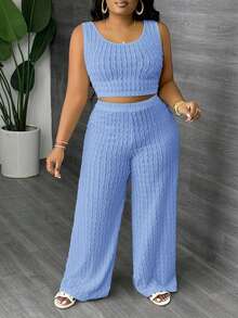 Slaydiva Plus Size Solid White Long Casual Vest And Wide Leg Pants 2 Pieces Set, Spring/Summer - Baby Blue - View 4