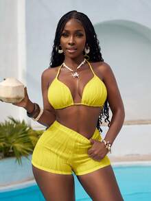 Slaydiva 2pcs Swimwear Set, Tie Strap Triangle Bikini Top And Shorts, Fashion Beach Swimwear - Yellow - View 3