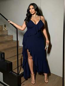 NU&NOW Plus Size Spaghetti Strap High Slit Ruffle Hem Red Party Dress - Navy Blue - View 3