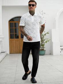 Manfinity CasualCool Áo Polo nam họa tiết thực vật dệt jacquard, phong cách thường ngày, thích hợp cho kỳ nghỉ - trắng - Xem 3