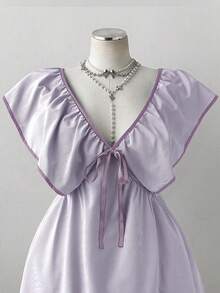 Sunspun Plus Size Women's Summer Light Green Striped V-Neck Ruffle Bow Tie Dress, Retro French Style Flutter Sleeve Tie Waist Short Dress - Purple - View 5