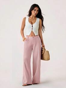 SHEIN PETITE 100% Washed Cotton Low Waist Straight Pants ,Petite Women - Dusty Pink - View 5
