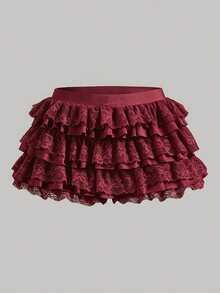 EMERY ROSE Women's Ruffled Lace Lantern Shorts, Elastic Waist With Cute Bow Front Layered Bottom - Burgundy - View 7