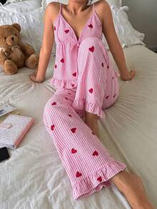 Napfluff Conjunto de pijama para mujer, camiseta de tirantes con volantes y cuello en V con cordón y estampado de corazones a rayas rosa primaveral, y pantalón de estar por casa - Rosa - Ver 5