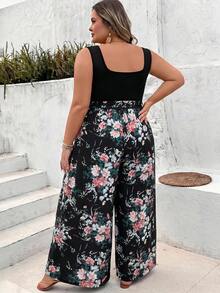 SHEIN CURVE+ Plus Size Minimalist Fashion Casual Everyday Jumpsuit Boho Vacation - Black - View 2