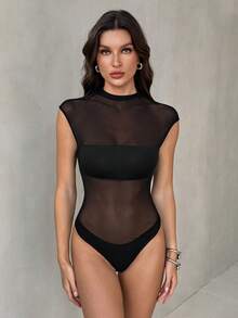 SHEIN Tall Áo liền thân không tay màu đen gợi cảm, chất liệu lưới xuyên thấu, phối họa tiết bất đối xứng. - màu đen - Xem 4