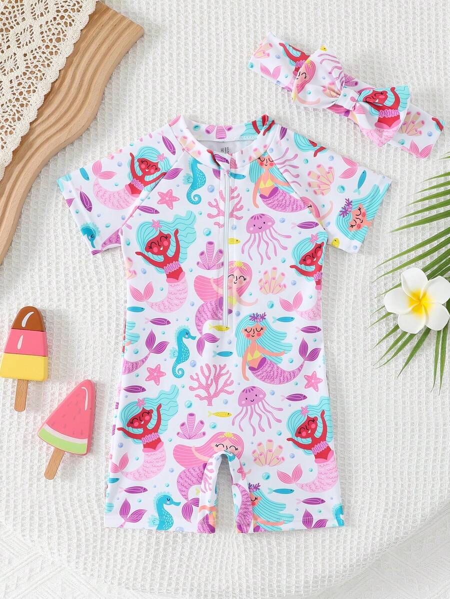 Bộ áo liền quần/quần short đi biển tay raglan in hình nàng tiên cá cho bé gái. - Nhiều màu - Xem 1