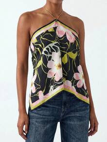 Maija Women's Floral Print Asymmetric Hem Halter Neck Blouse - Multicolor - View 5