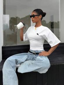 Muchica Áo thun ngắn tay ôm eo kẻ sọc mới dành cho nữ mùa hè - trắng - Xem 3