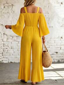 EMERY ROSE Jumpsuit Wanita Model Off-Shoulder Lengan Mengembang dengan Rumbai dan Kaki Lebar, Warna Kuning Muda untuk Liburan Musim Gugur - Kuning - View 2