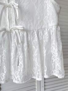 SHEIN Tween女孩休閒可愛日常度假紋理蝴蝶結前襟襯衫 白色夏季派對上衣 - 白色 - 查看 6