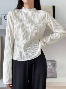 DAZY Frill Neck Keyhole Back Tee,Fall Clothes Long Sleeve Women Tops - Beige - View 3